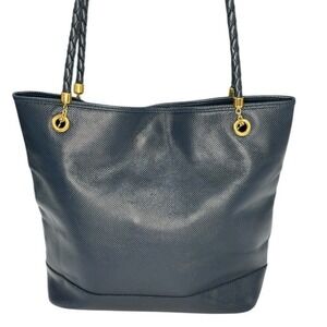 Bottega Veneta Vintage Textured Leather Tote – Navy, Braided Straps, Gold Hware